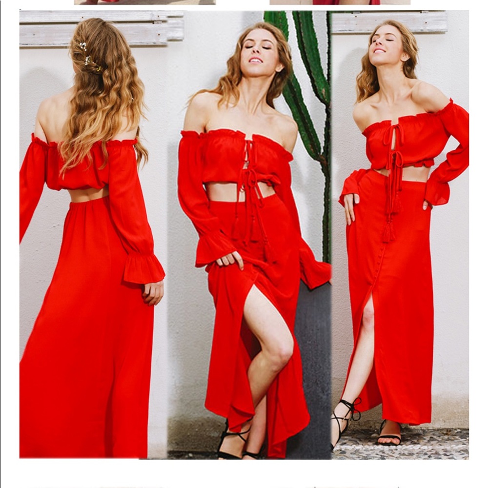 Red two piece maxi skirt and crop top
